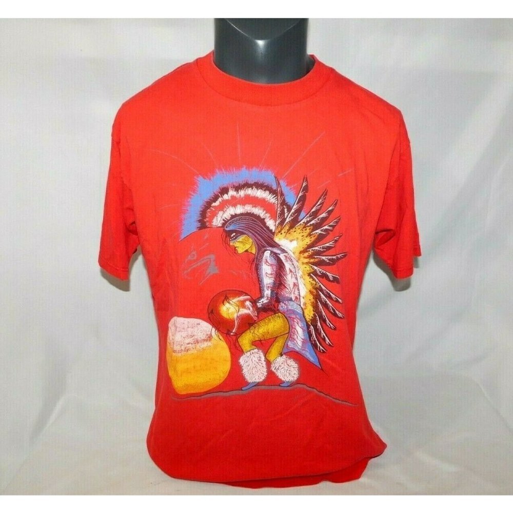 Vintage Native Theme printed graphic Red Spirt T Shirt Eagle Sun Tribal Mens L